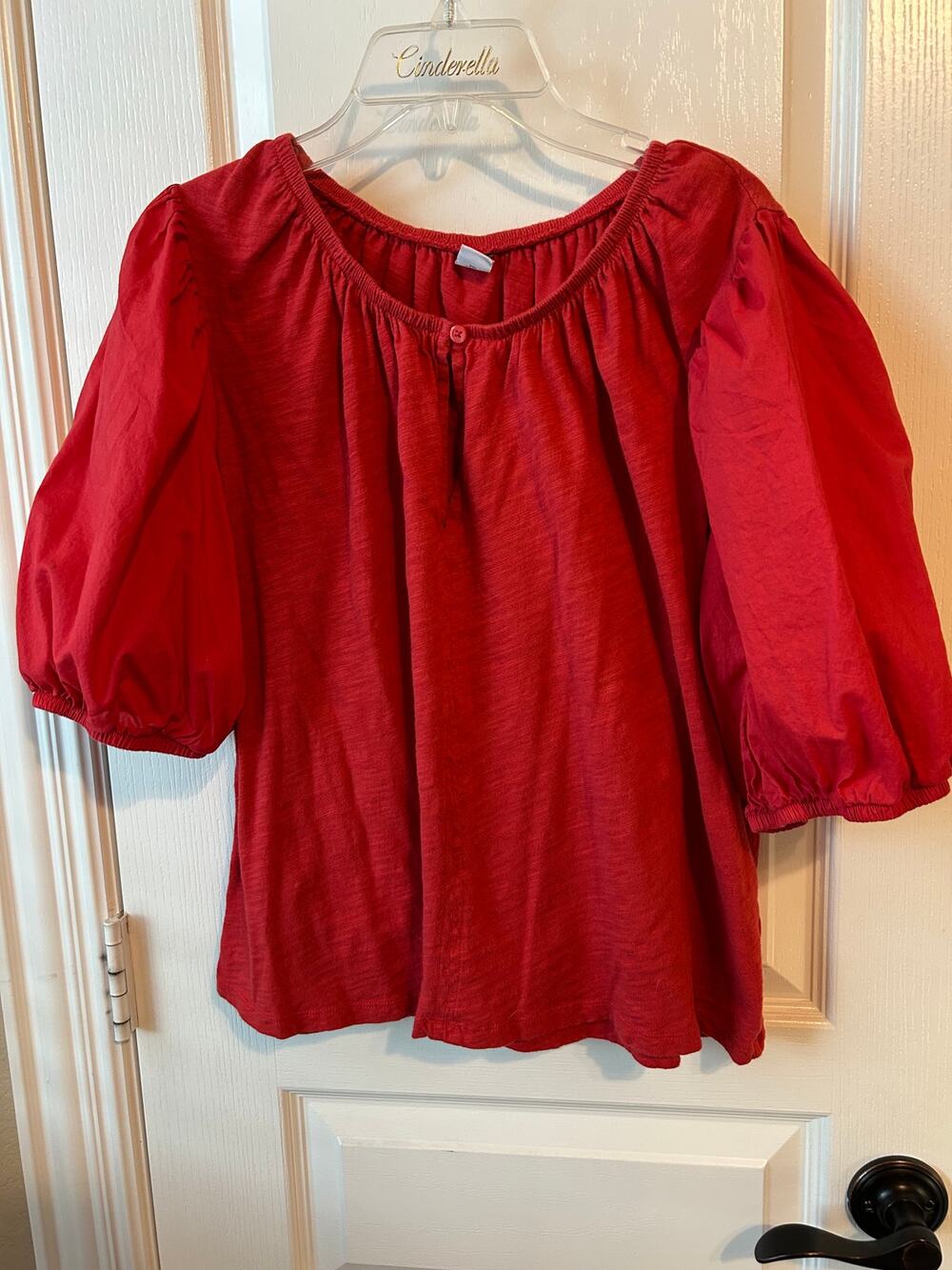 Old Navy Red Mixed Media Puff Sleeve Top Blouse - Large